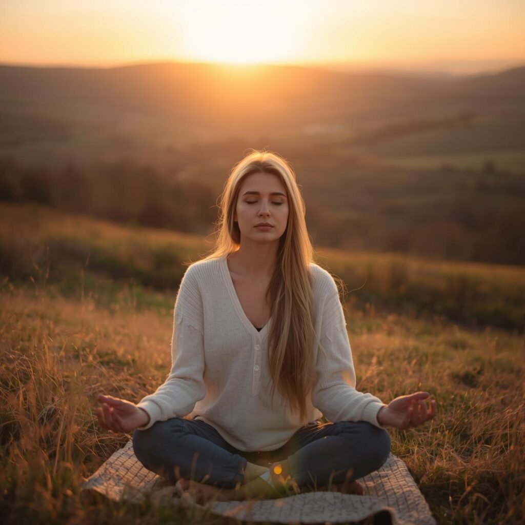 mujer meditando en el campo con el atardecer