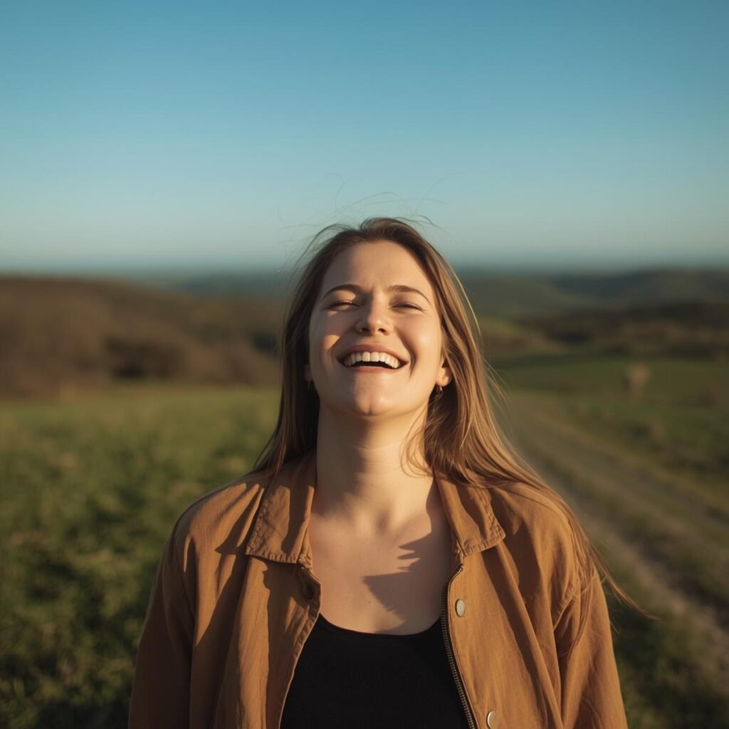 mujer respirando feliz en el campo